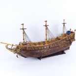 Replica of 17th century Dutch East Indiaman Prins Willem, handmade model ship on stand, length 69cm,