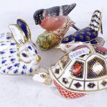 Royal Crown Derby tortoise (no stopper), Derby rabbit (gold stopper), Derby wren (stopper), and a