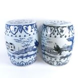 A pair of Chinese blue and white porcelain barrel garden seats, pierced panels with figural and