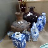 Amethyst glass pot, height 24.5cm, ruby glass vase, Oriental teapots and caddy, and a pottery vase
