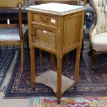A French marble-top and pitch pine bedside cupboard, W37cm, H83cm