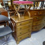 A narrow mahogany 4-drawer chest, on bracket feet, W60cm, and stool on X-framed base