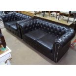 A pair of chocolate brown button-back leather-upholstered 2-seater Chesterfield settees, L155cm,