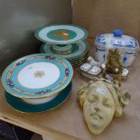 Victorian dessert plates and stands, trinket boxes, garden ornament and an Oriental box