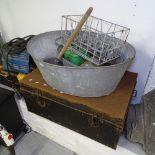 Galvanised tin baths, a McEwans beer crate, miscellaneous kitchenalia etc