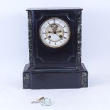 A 19th century slate and green veined marble 8-day mantel clock, white enamel dial with Roman