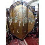 An ornate Oriental black lacquered 4-fold screen, with allover painted and gilded and applied