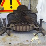 A 17th century arch-top cast-iron fireback, with embossed decoration, together with a later fire