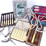 A 1930s cased dessert set, 3 other cased sets of cutlery, a photo frame, a jewel box etc