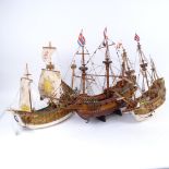 A group of 3 handmade model 17th century ships, largest length 50cm, height 42cm