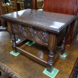 A small carved oak sewing cabinet, W48cm, H37cm