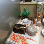 A group of Oriental items, including vases, tallest 35cm, horse, cigarette box etc
