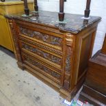 A Continental inverted breakfront chest, with shaped marble top, 3 long drawers, having applied swag