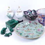 A Cantonese plate with butterfly and floral decoration, 26cm, a pair of Dresden jars and covers on