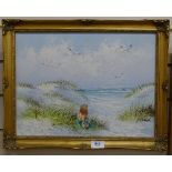 Modern French oil on canvas, girl on a beach, signed Marin, 30cm x 40cm, framed