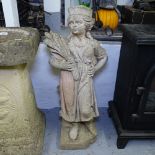 A weathered concrete garden statue, figure holding a sheath of corn, H75cm