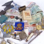 Various collectables, including silk cigarette cards, car badges, military buttons, watch maker's