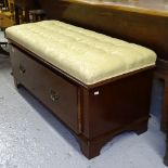 A mahogany and buttoned upholstered seat, with drawer under, L120cm