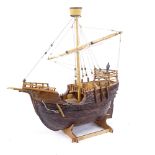 Medieval Cog, handmade model ship on stand, length 43cm, height 42cm