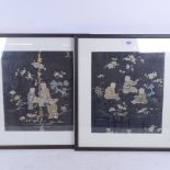 A pair of Oriental embroidered pictures of figures in a garden, framed, height 41.5cm overall