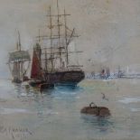 Emil Axel Krause, 19th century watercolour, ships near port, signed and dated 1897, 16cm x 13cm,