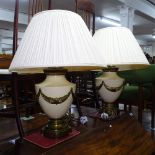 A pair of table lamps with brass swag mounts and fluted shades, height including shade 70cm