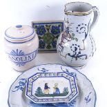 A large Continental Faience Ware pottery jug, tin-glaze charger, pottery tile etc, jug height 27.5cm
