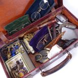Various interesting collectables, including French figural pipe, Vintage spectacles, medals,