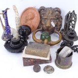 Various interesting collectables, including large brass lion mask door knocker, jade figure of a