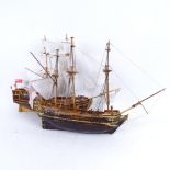 2 handmade model sailing ships with Royal Navy ensigns, longest length 50cm, height 34cm