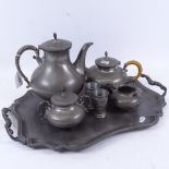 Dutch pewter 4-piece tea set on tray, and 2 beakers