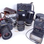 Various Vintage cameras and equipment, including Canon T50, Zeiss Ikon etc (boxful)