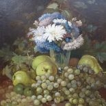 Oil on board, still life flowers and fruit, unsigned, 44cm x 36cm, framed