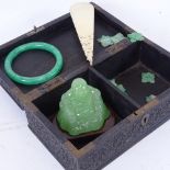 Various Oriental items, including intricately carved hardwood box, jade slave bangle, jadeite panels