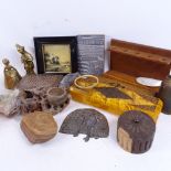 Interesting items, including printblock, figures, boxes etc