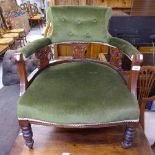 An Edwardian mahogany bow-arm parlour chair, on ring turned legs