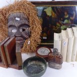 Various collectables, including Tribal African mask, bookends, reverse painted glass picture, hip