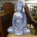 A silvered-finish fibreglass study of a Buddha, H100cm