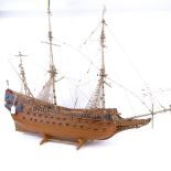 Replica of Swedish 64 gun ship of the line Vaja, handmade model ship on stand, length 100cm,