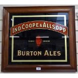 An Ind Coope & Allsopp Burton Ales reverse painted glass advertising sign, 45cm x 52cm, framed