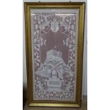 A large crochet work panel with Nottingham coat of arms crest, 128cm x 63cm, framed