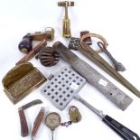 Various collectables, including brass letter rack, torpedo case, bloodletting tool etc