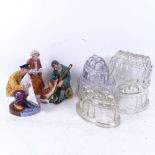 3 Royal Doulton figures - The Master, Sailors Holiday, and Tea Time, and 5 glass jelly moulds