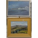 Robert Williams, oil on canvas, hilltop town, 30cm x 40cm, and Seven Sisters, 35cm x 50cm, framed (