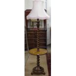 A mahogany barley twist standard lamp, with integrated dish-top tray and shade (new fitting