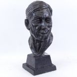 A silver patinated plaster maquette head sculpture of a man, on marble base, unsigned, height 49cm