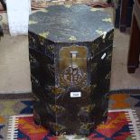 A Chinese hardwood octagonal stool/box, with applied brass decoration, H44cm