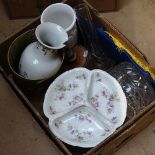 A boxful of china and glassware, and a bin