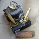 A Victorian brass spirit kettle and burner, stoneware jars, coopered oak barrel etc (boxful)