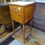 A French pitch pine and marble-top bedside cupboard